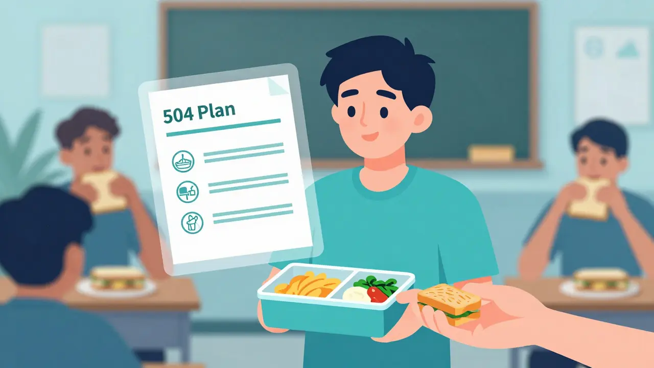 Teen with gluten-free lunch at school, 504 plan icons floating above