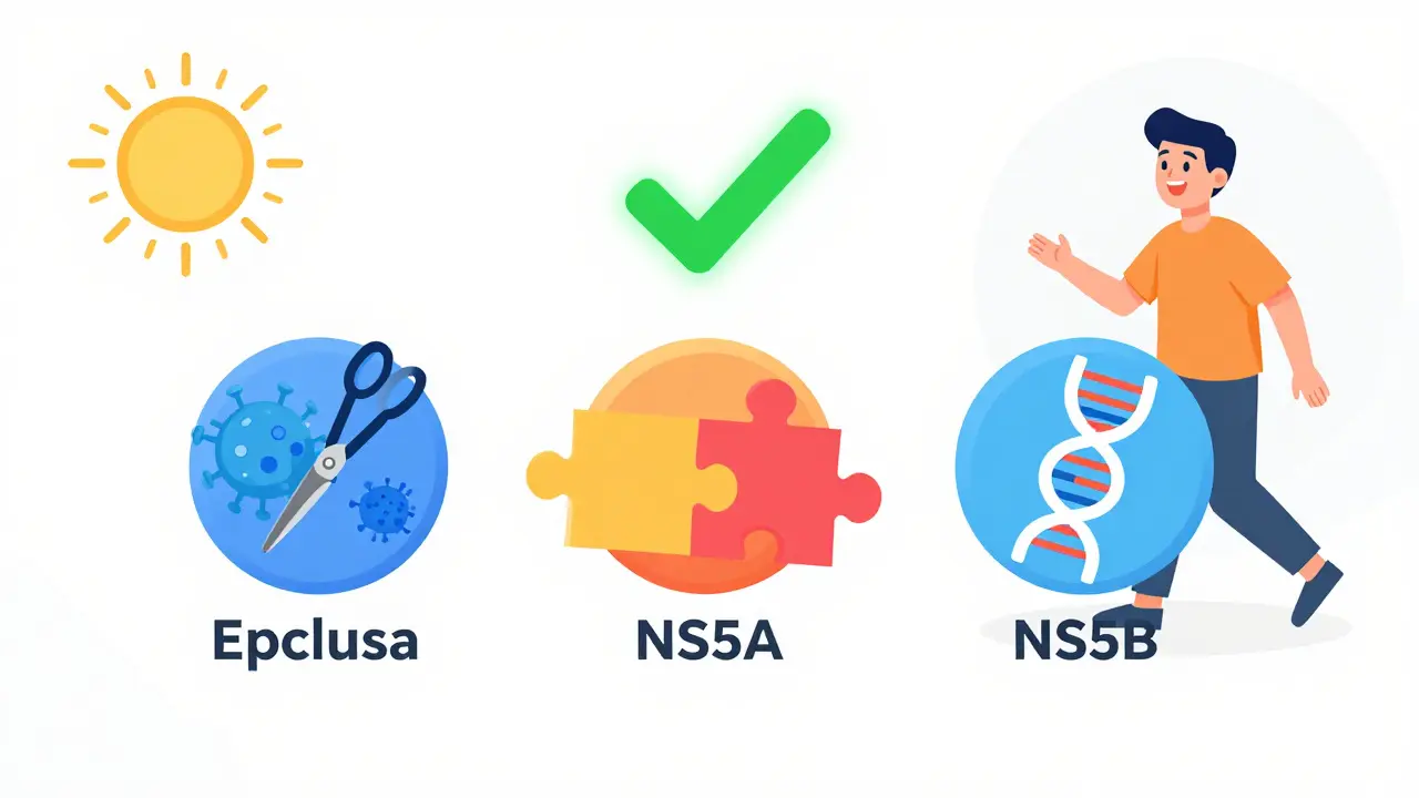 Three antiviral pills with icons blocking hepatitis C virus mechanisms