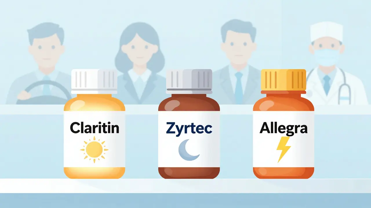 Three OTC allergy medicine bottles on a shelf with symbolic icons representing drowsiness and alertness.