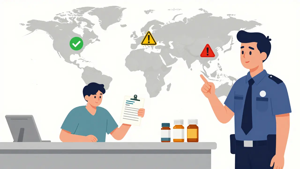 Traveler presenting prescriptions at airport security with world map