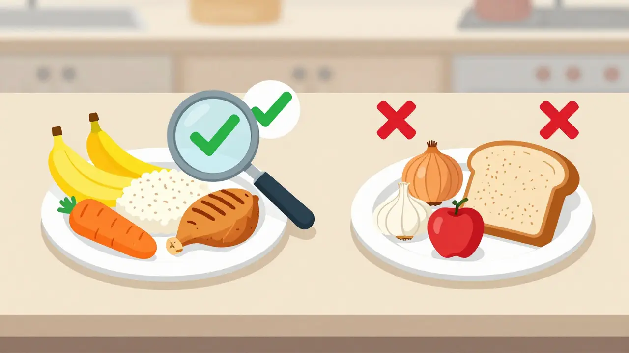 Two kitchen plates side by side: one with low FODMAP foods, one with high FODMAP foods marked with Xs.