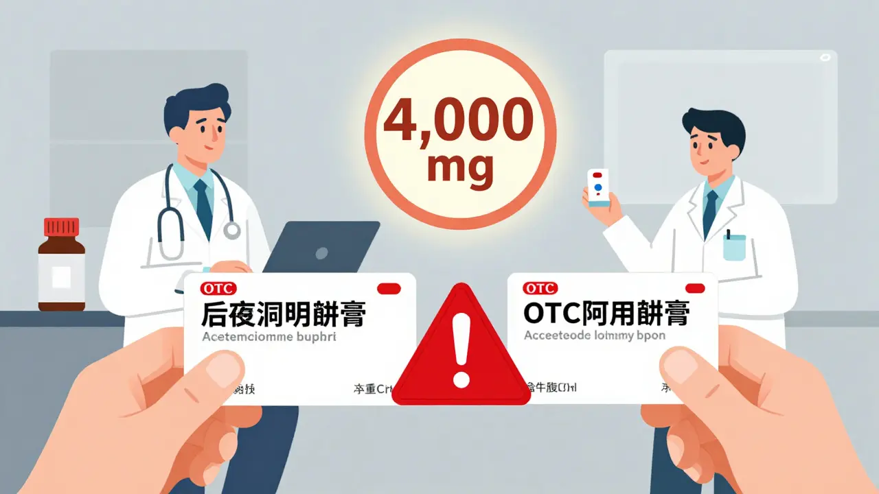 Two medicine boxes with acetaminophen and a warning triangle between them