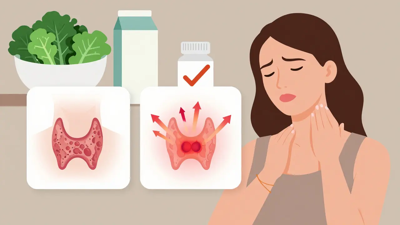 Woman checking her neck with visual overlays of healthy, autoimmune, and overactive thyroid