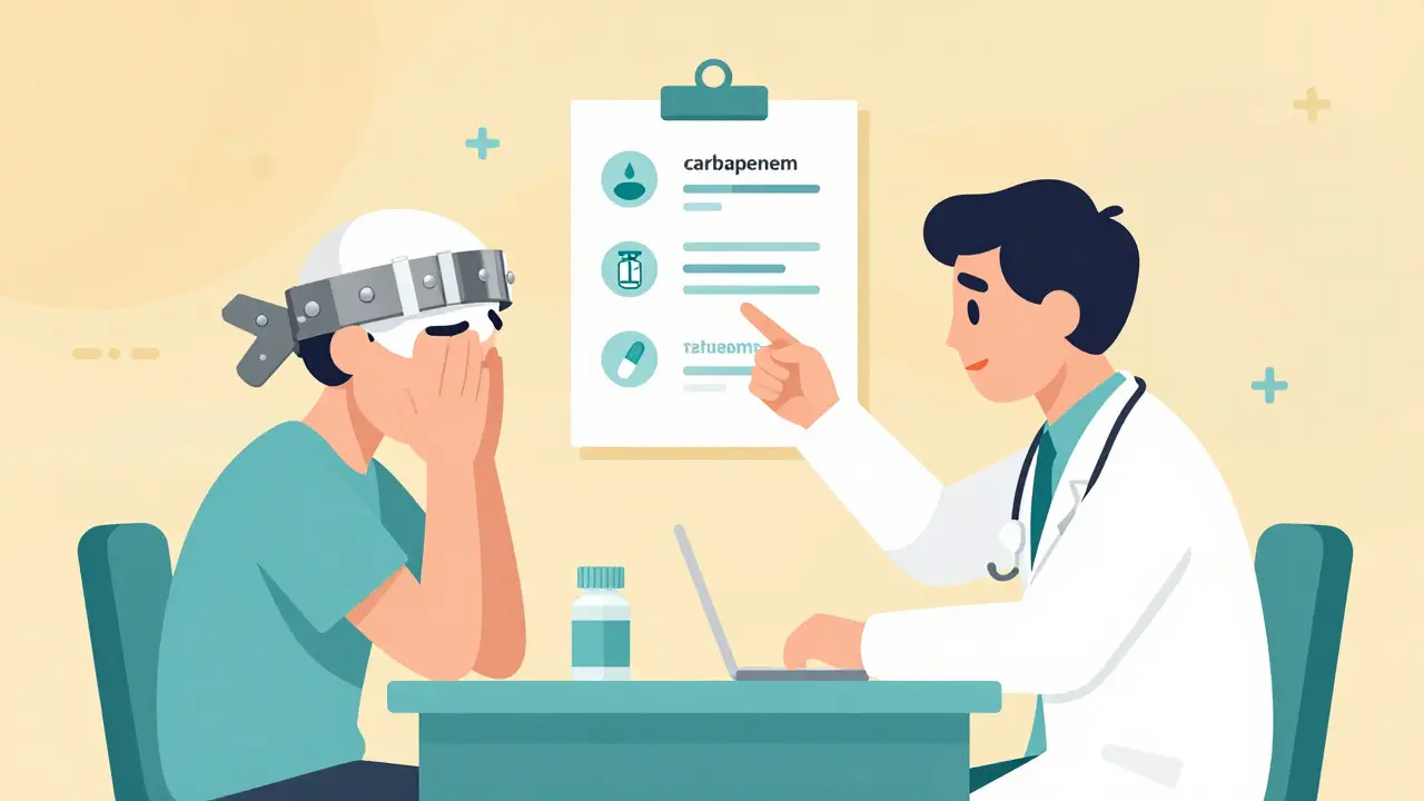 A patient holding their head in pain while floating icons of low electrolytes and interacting drugs appear around them in a clinic setting.