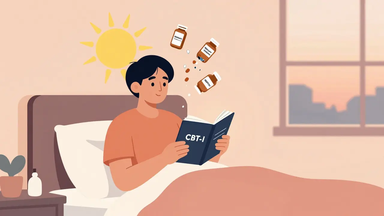 A person embracing CBT-I therapy as old pill bottles crumble, with sunrise symbolizing natural sleep recovery.