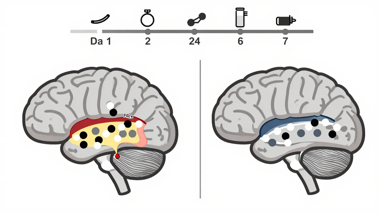 A split illustration showing a brain with toxic drug penetration on one side and restored health on the other, representing PRES recovery.
