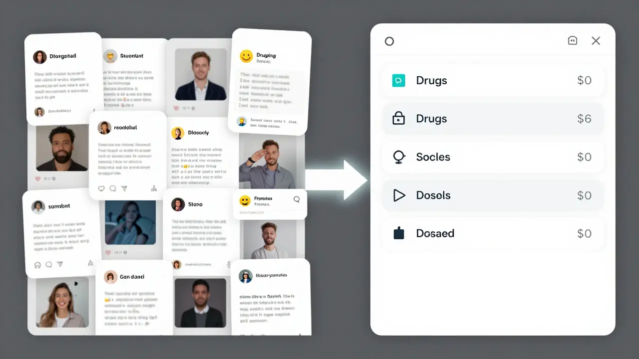 A split view of chaotic social media posts versus an AI-filtered dashboard organizing drug safety data.