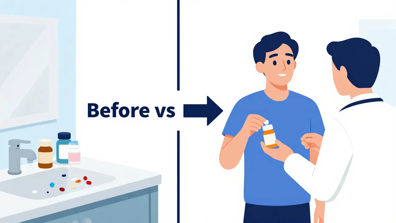Before and after comparison: scattered unlabeled pills vs. labeled bottles presented to a doctor.