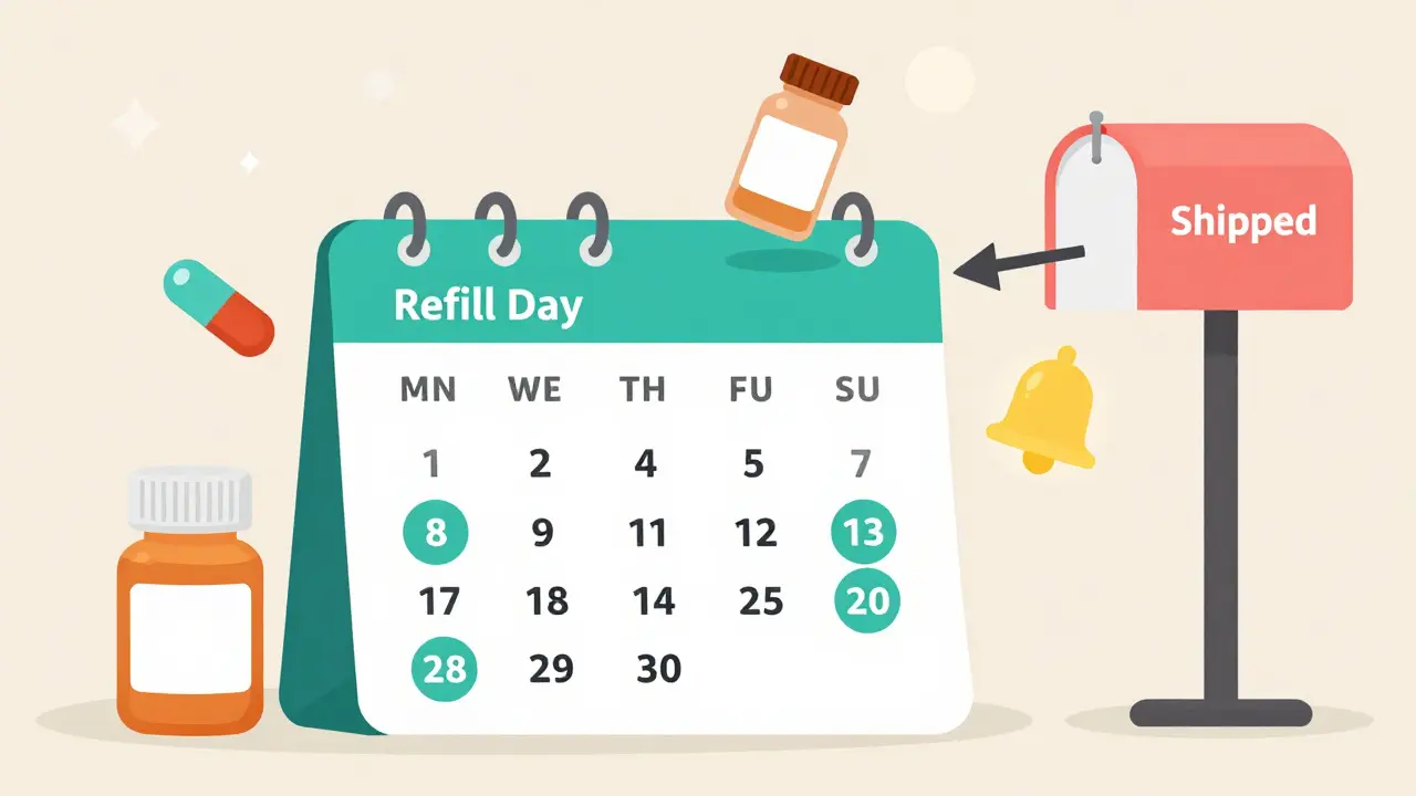 Calendar with refill date and pill bottle shipping to mailbox