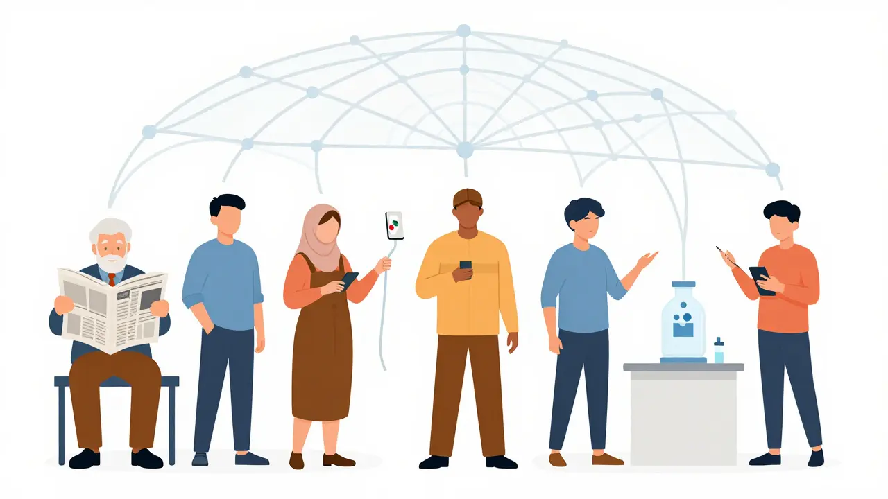 Diverse people disconnected from a data web, highlighting how social media pharmacovigilance misses vulnerable populations.