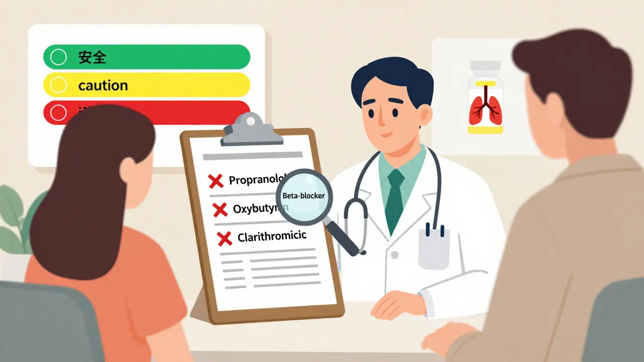Doctor and patient reviewing a medication list with red Xs over dangerous drugs and a color-coded safety chart on the wall.
