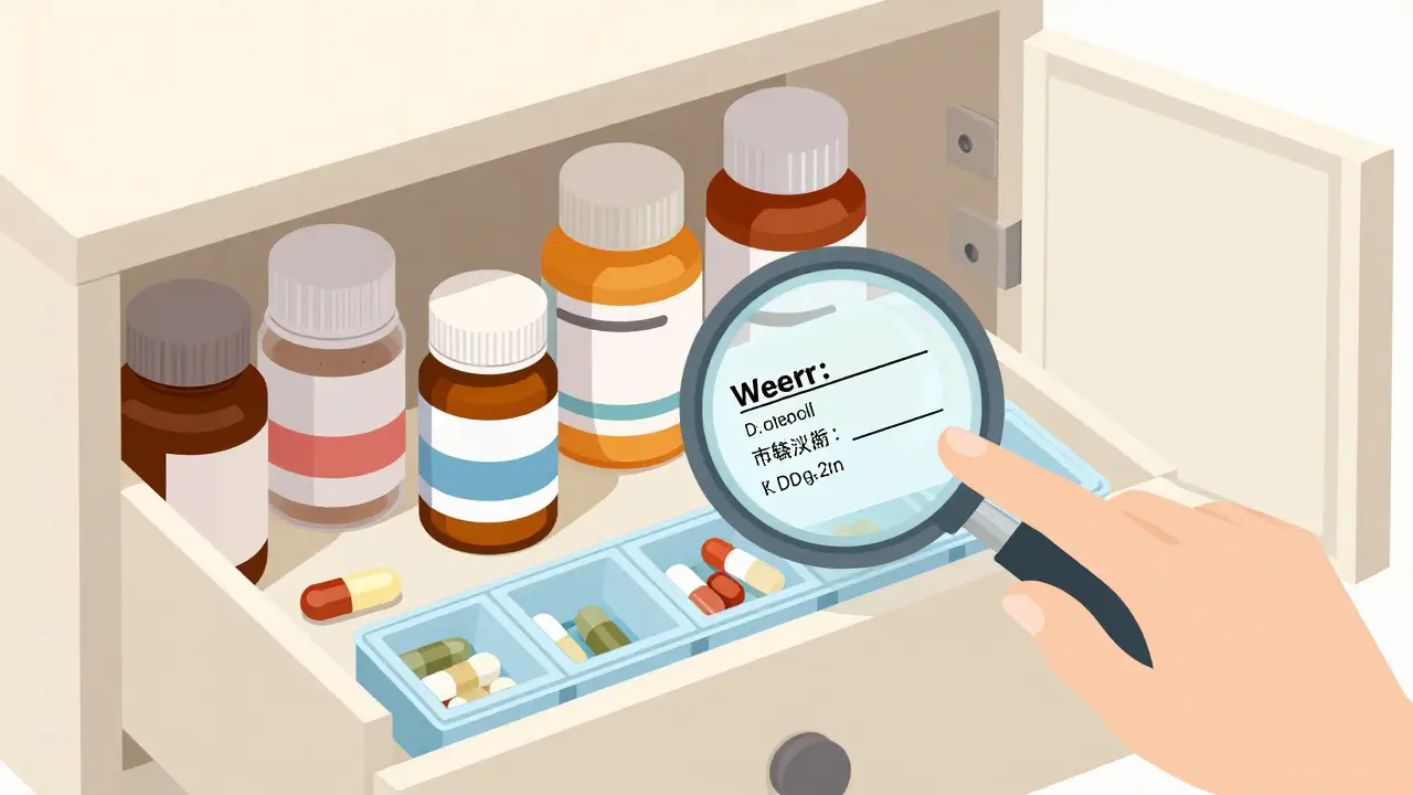 Medications organized in a medicine cabinet with pill bottles and a pill organizer, label clearly visible.