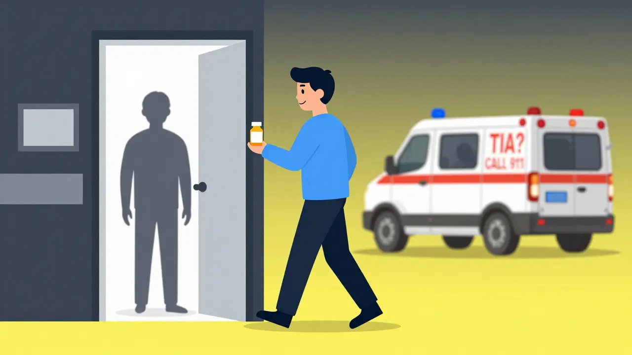 Person leaving hospital with medication, shadow of past self ignoring ambulance with TIA warning.