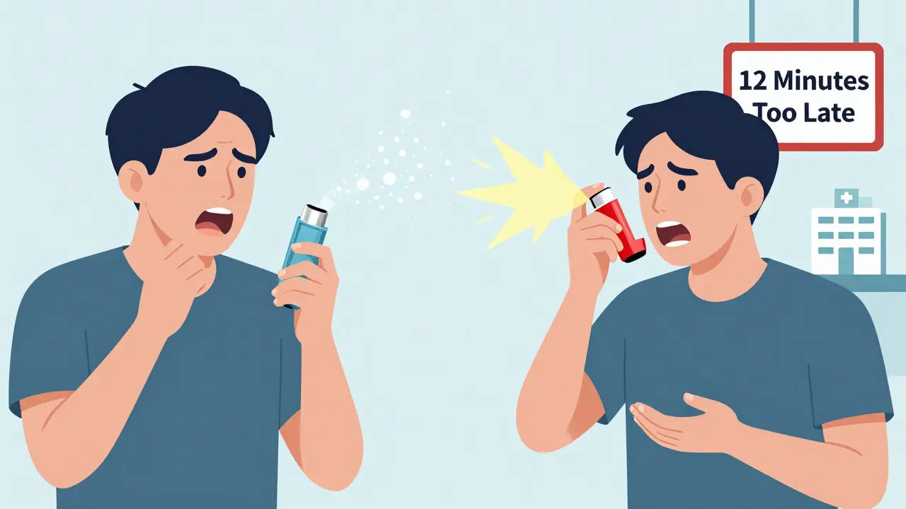 Person mistakenly using blue maintenance inhaler during asthma attack instead of red rescue inhaler, with delayed response shown.