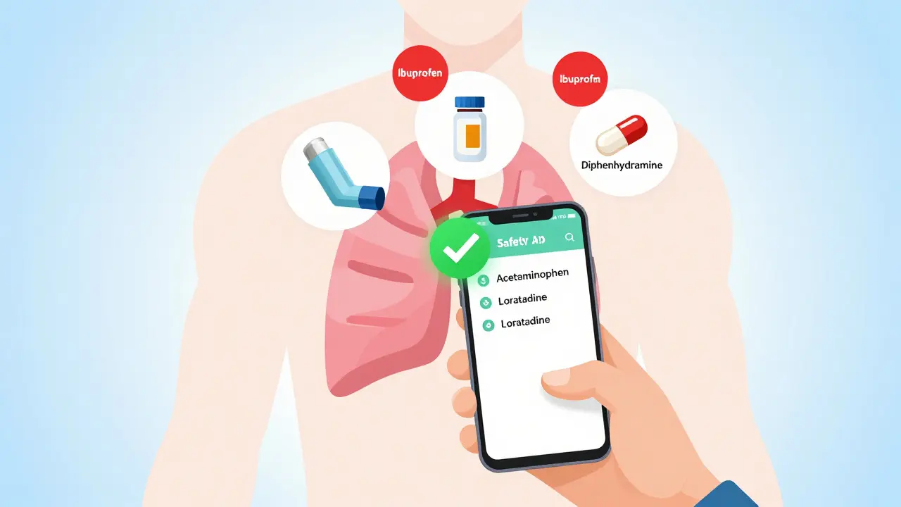 Person using a medication safety app on a phone, with warning icons for harmful drug interactions and green checkmarks for safe alternatives.