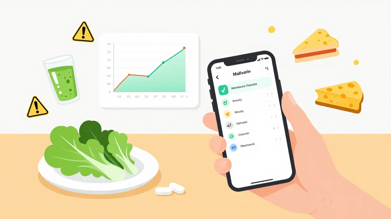 Person using a medication tracker app beside consistent leafy greens to maintain safe blood thinning levels.