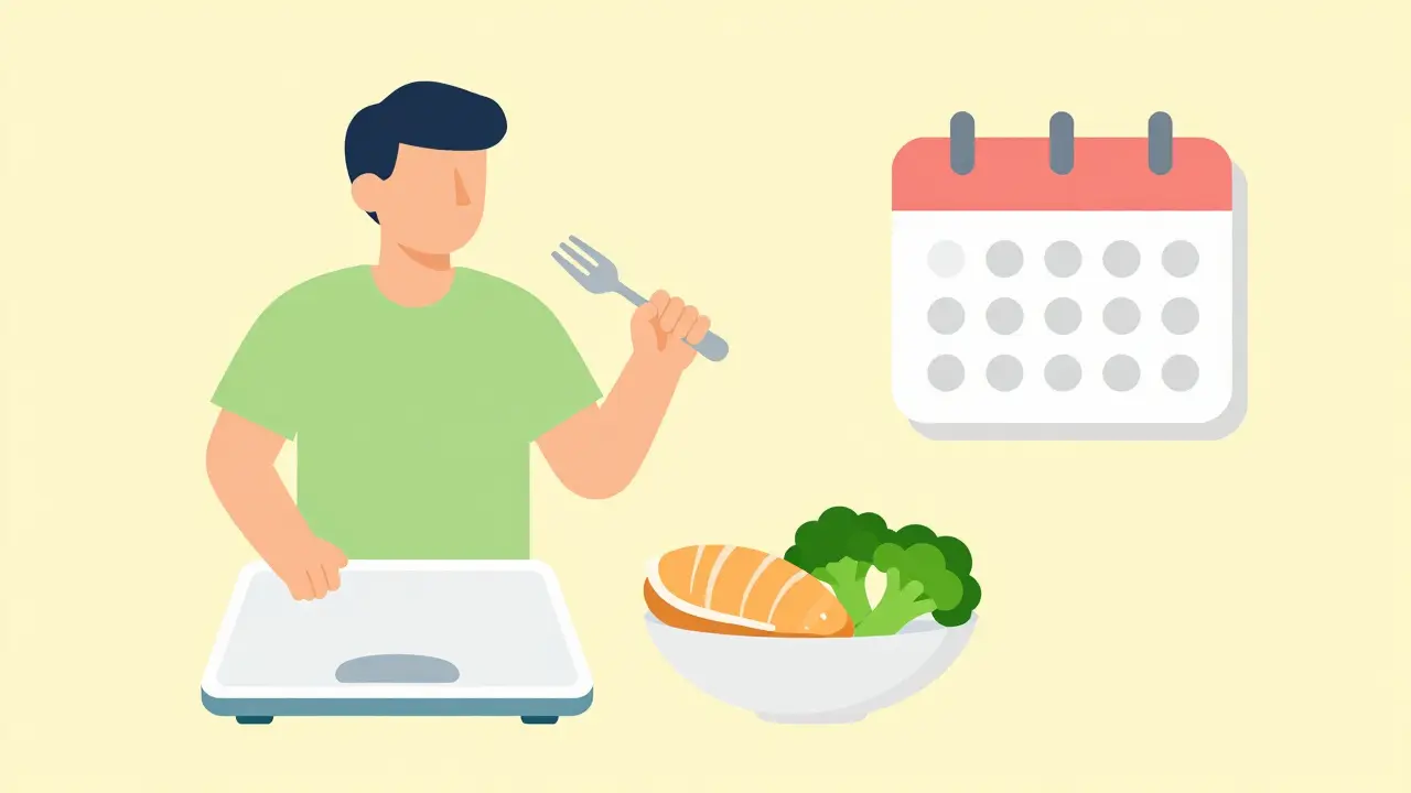 Person weighing food, eating protein, and taking diet break.