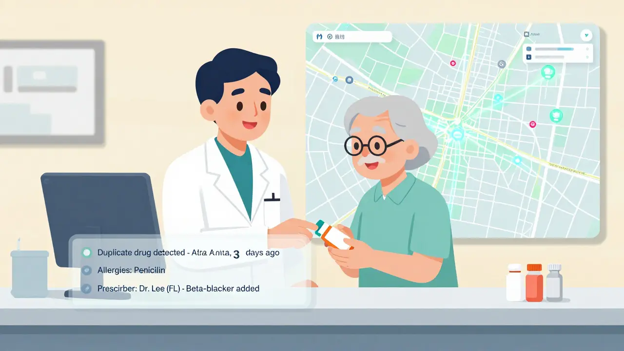 Pharmacist helping a senior, with real-time medication alerts visible on a digital overlay showing duplicate drugs and prescriber updates.