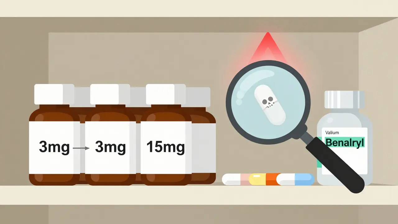 Pharmacy shelf with melatonin bottles showing inaccurate dosages and hidden danger symbols next to sedatives.