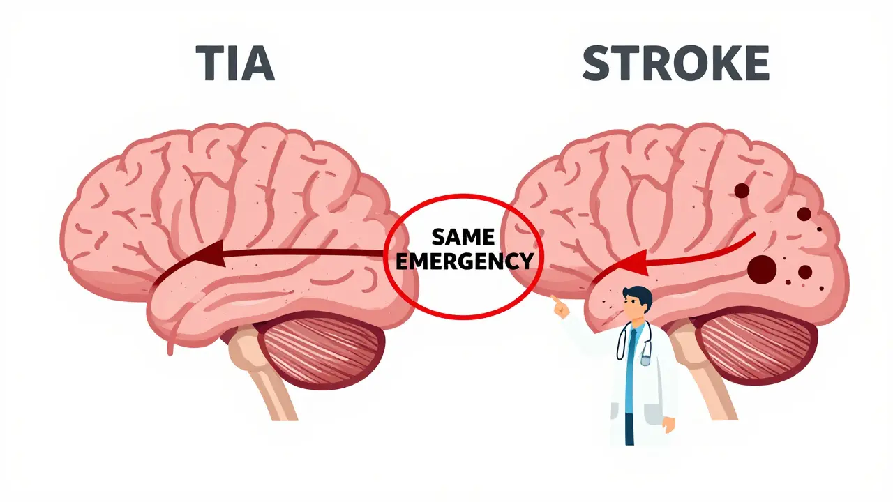 Side-by-side brain images showing temporary vs. permanent blood vessel blockage, doctor pointing to both.