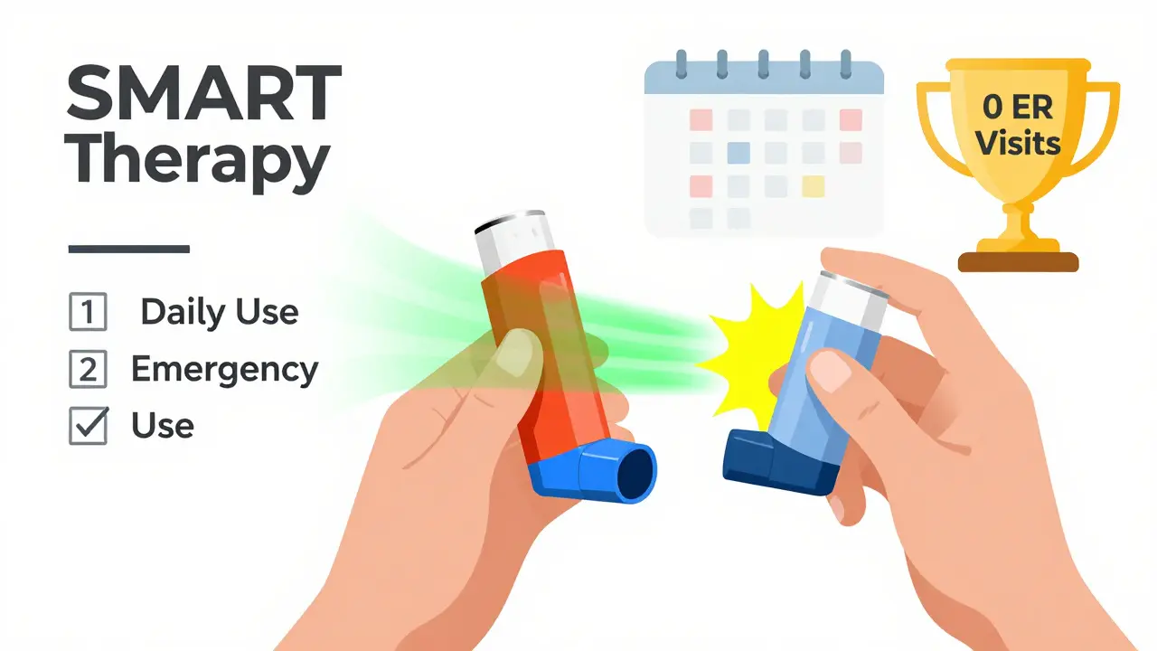 Single dual-color inhaler used for both daily maintenance and emergency relief in flat illustration with healing waves and checklist.