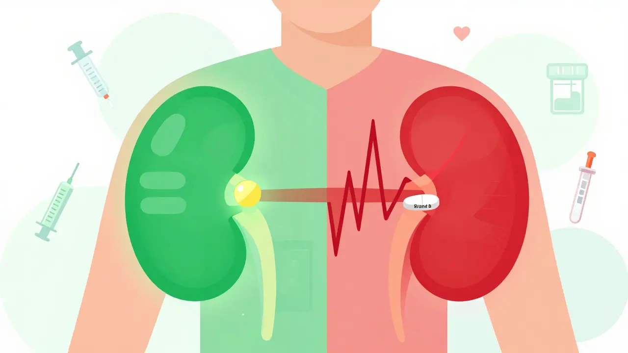 Transplant patient holding two tacrolimus pills, one side healthy green, the other side unstable red with blood level graphs overlaying body.
