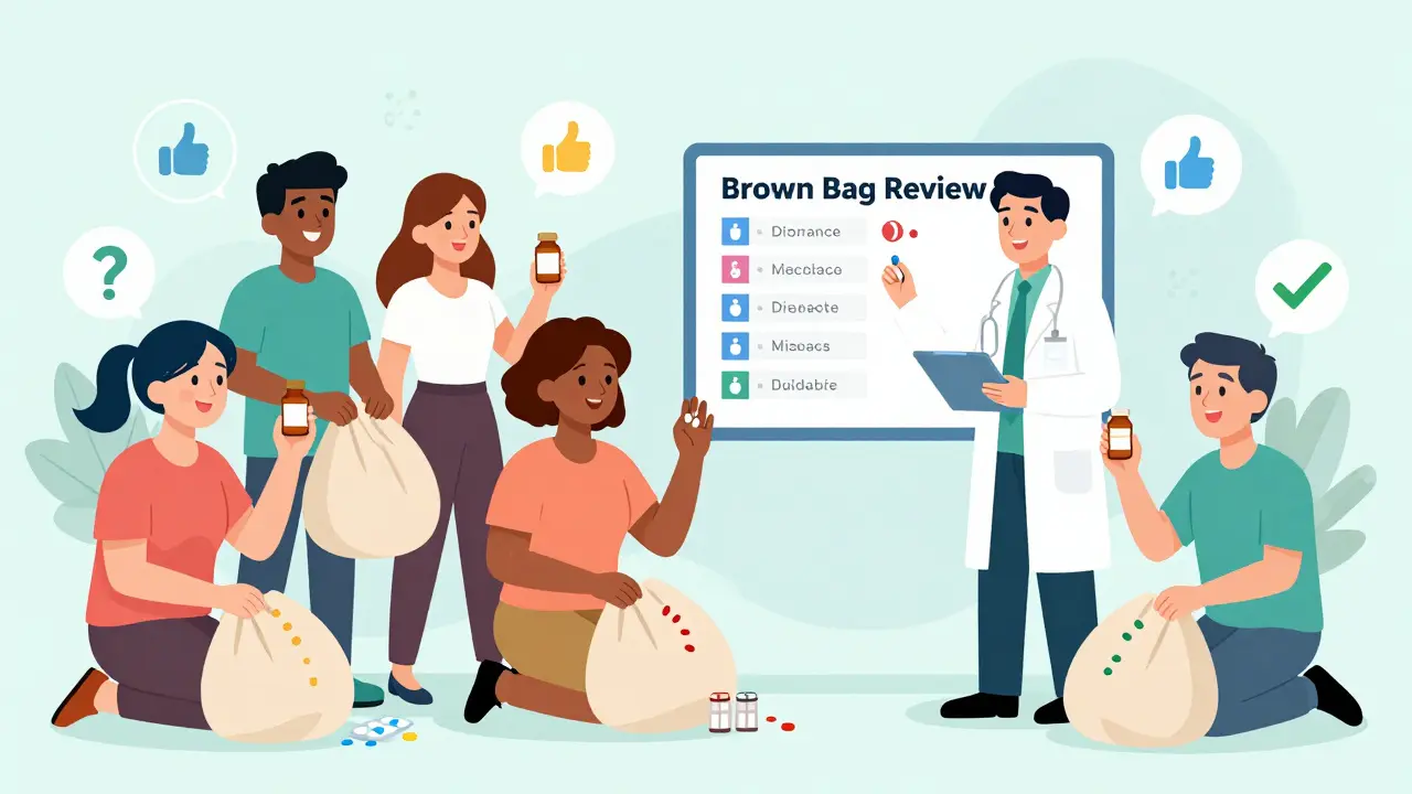 A pharmacist helps patients sort their medications during a brown bag review, using color-coded visual guides.