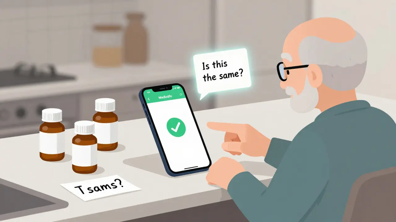 A senior man uses a smartphone app to scan a pill, with a confirmation screen showing it matches his prescription.
