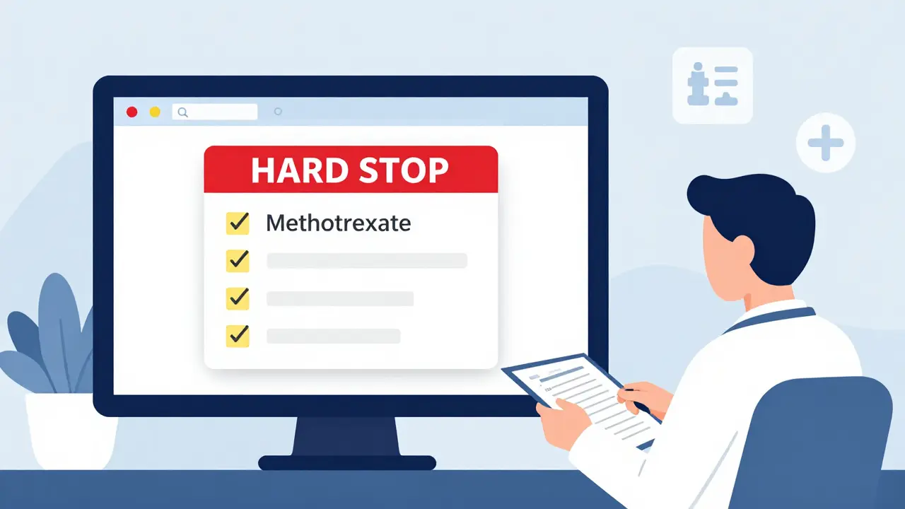 Electronic system blocking a dangerous drug order with a red alert, preventing a medication error in a clinical setting.
