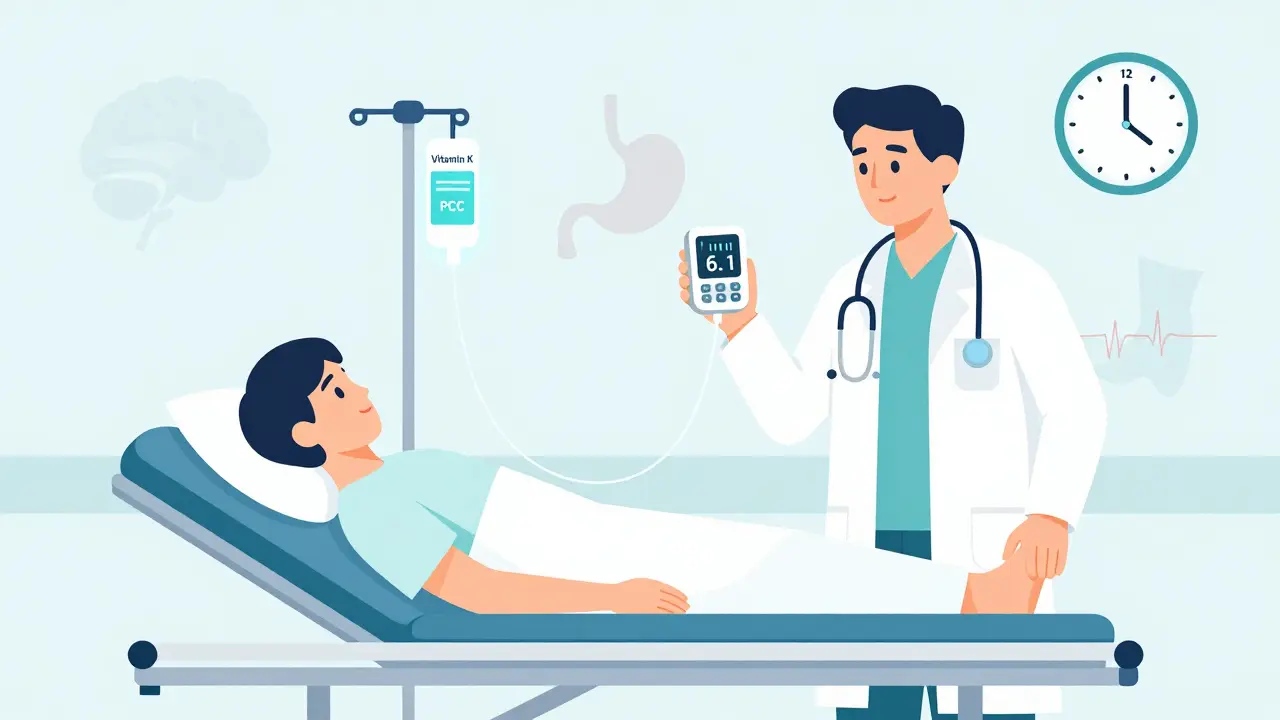 Emergency room scene with patient receiving Vitamin K and PCC, INR monitor showing high value