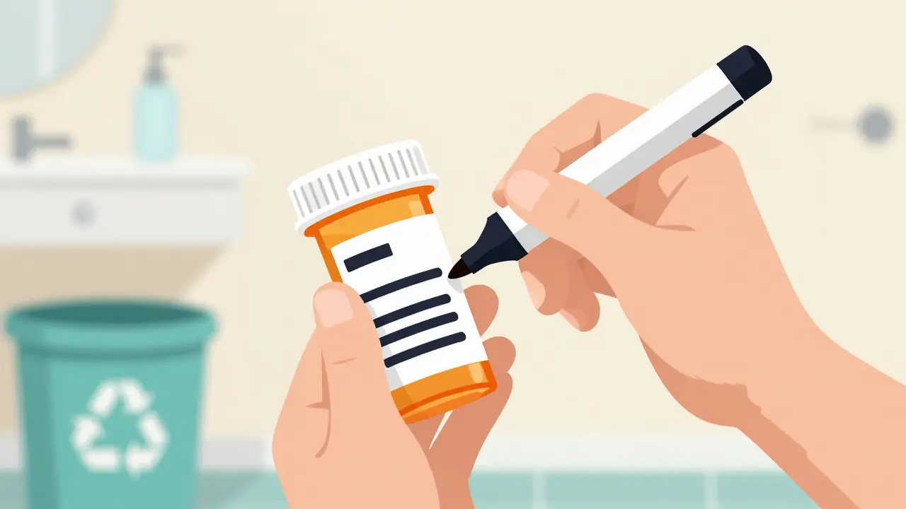 Hand scribbling over prescription bottle label to protect personal information.