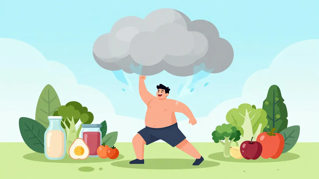 Illustration of health transformation with fresh food and active lifestyle.