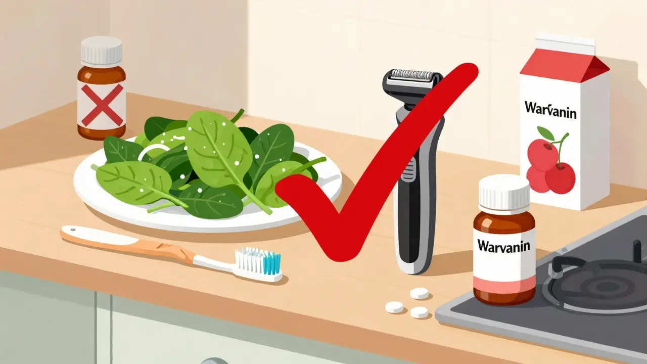 Kitchen counter with Warfarin pills, soft toothbrush, electric razor, and safe foods beside banned items