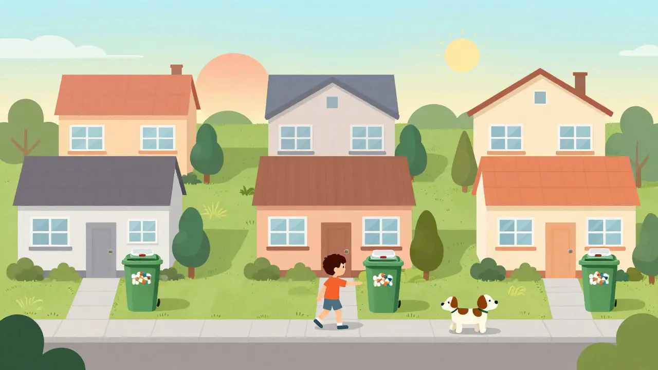 Neighborhood homes with sealed medication containers in trash bins, child and dog playing safely nearby.