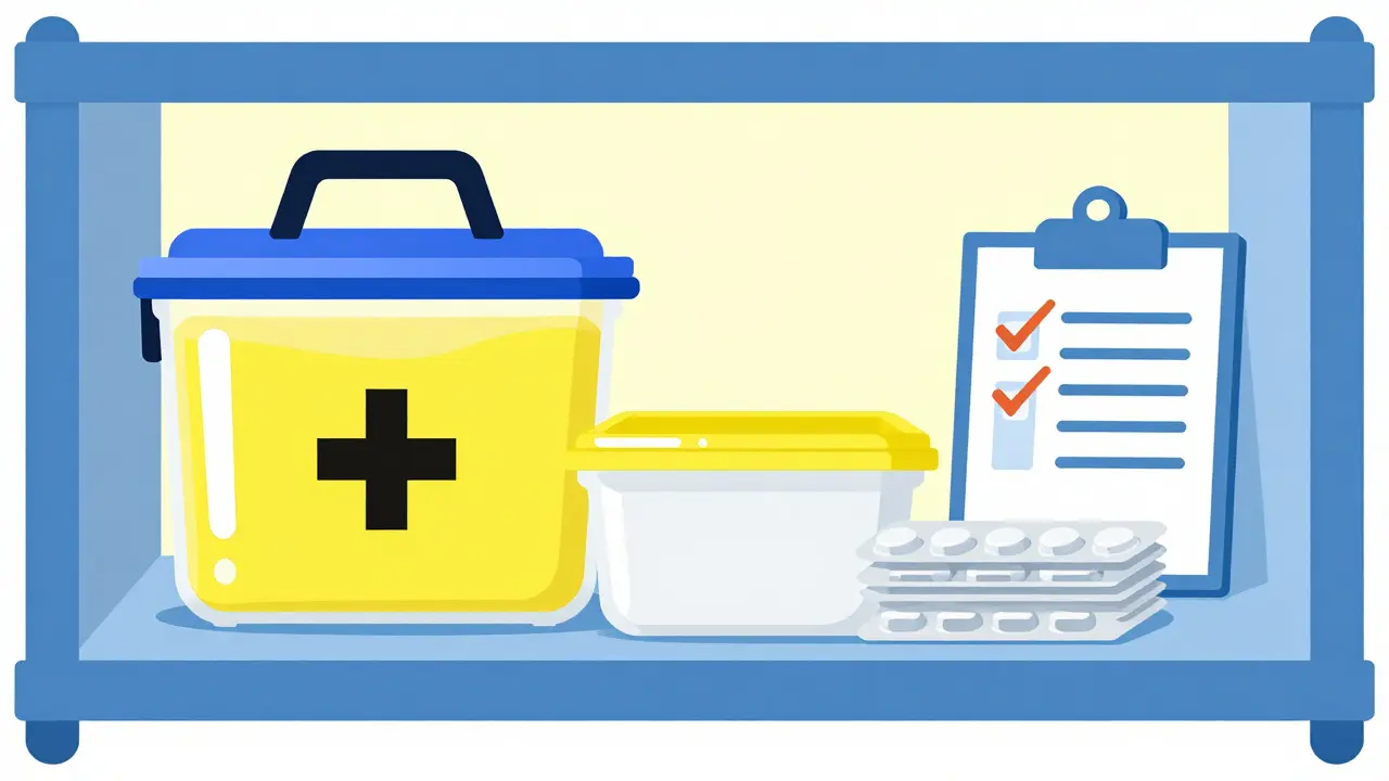 Organized emergency medical kit on a shelf