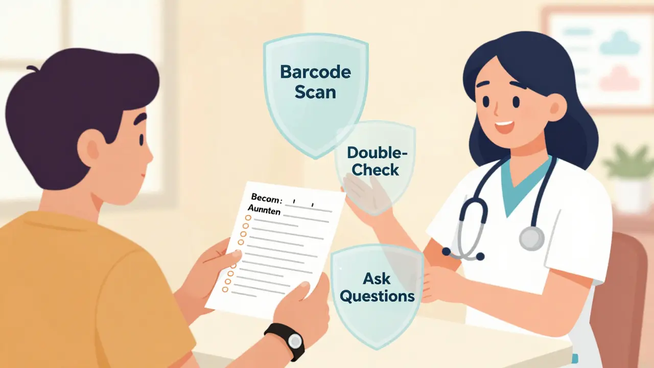 Patient and nurse verifying identity and medication details, showing how patient involvement enhances safety in healthcare.
