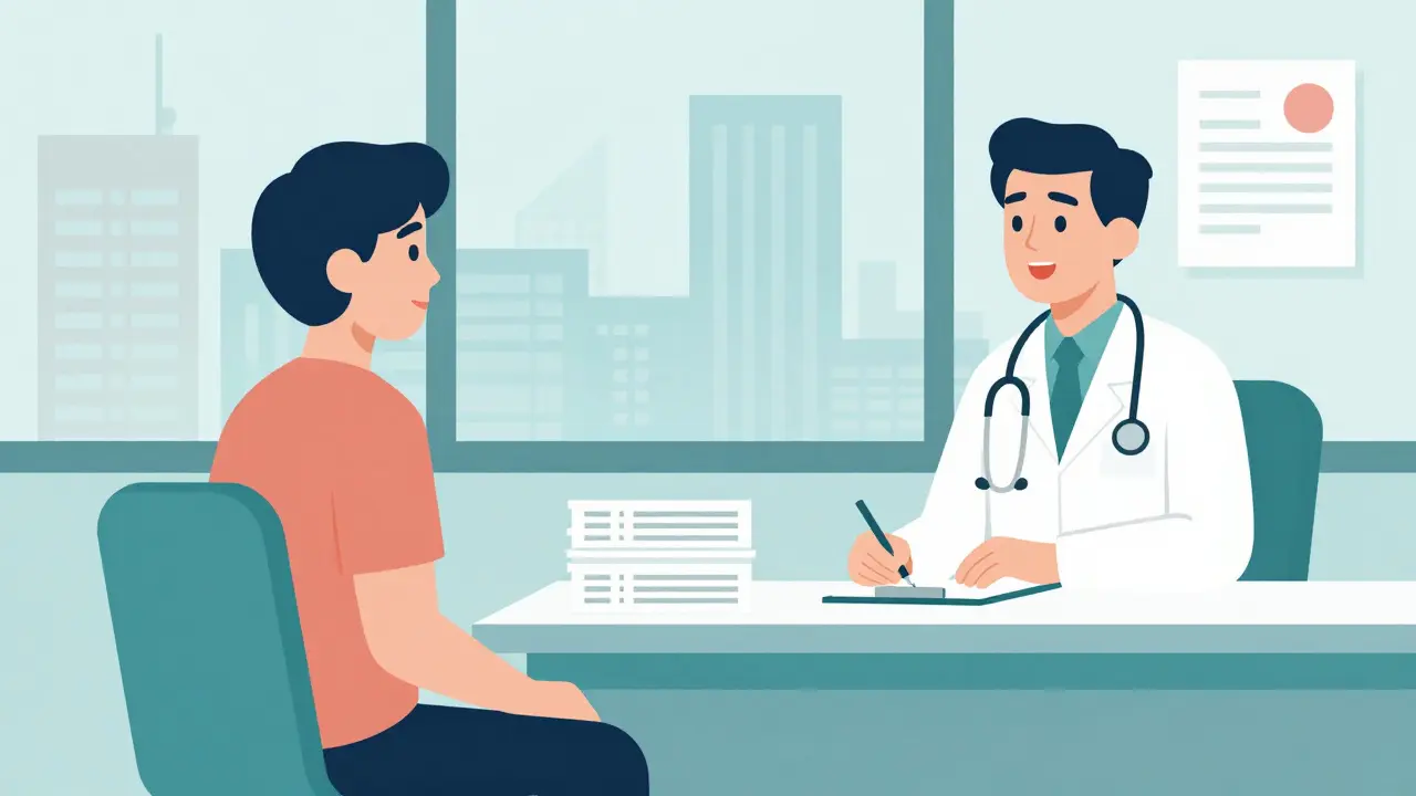 Patient consulting with a doctor in a foreign clinic office setting.