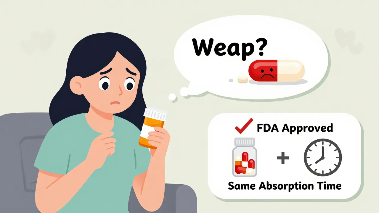Patient’s thought bubbles contrast fear of weaker generic with understanding that FDA-approved generics work the same.