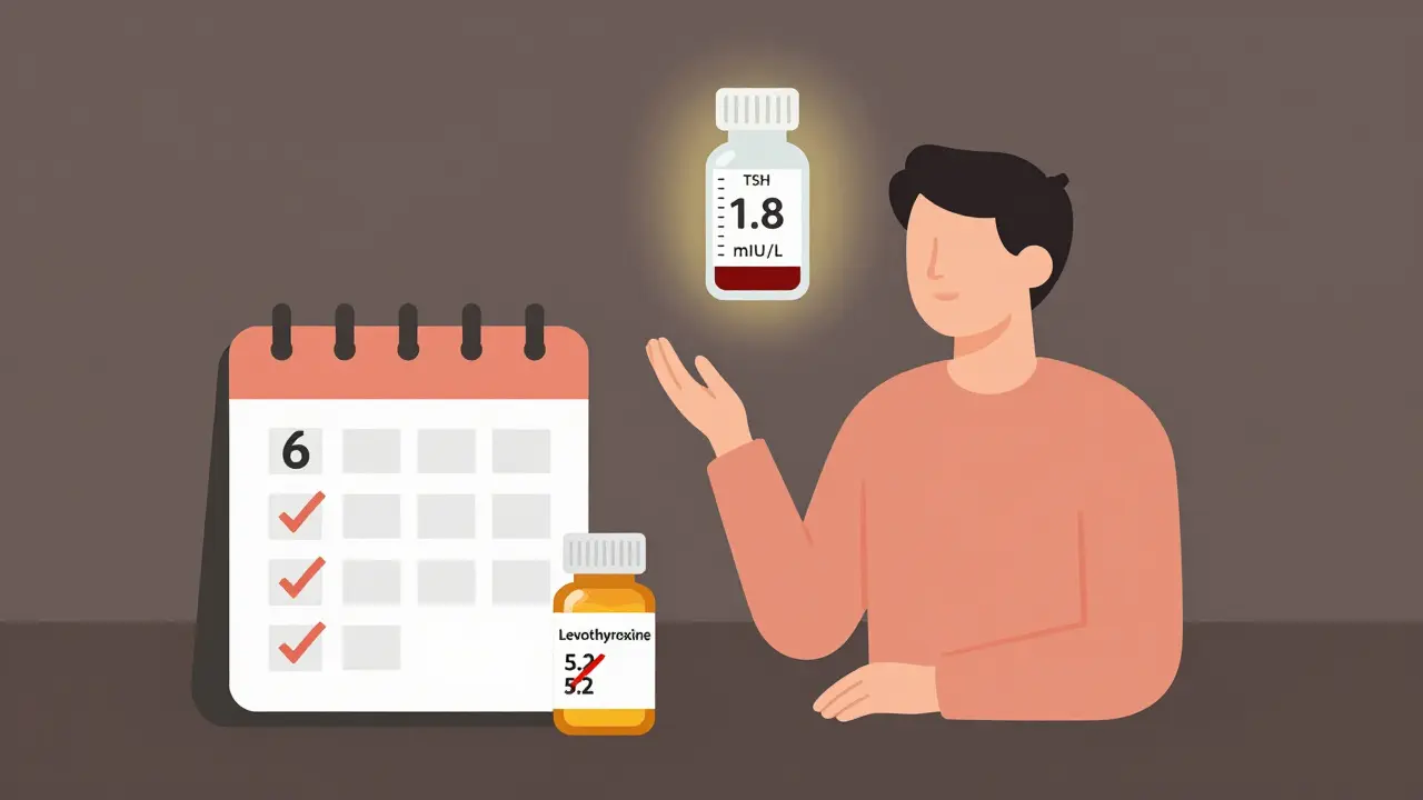 Person holding thyroid medication with calendar intervals and a normal TSH blood test result glowing above.