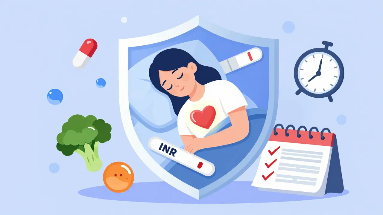 Person sleeping safely with heart valve protected by INR tests and vitamin K foods, dangers kept outside.