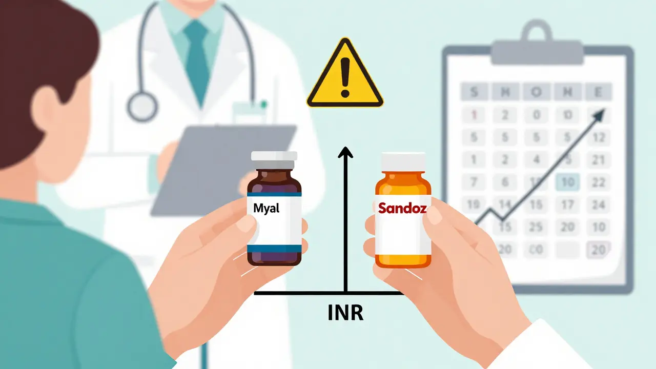 Pharmacist giving two different warfarin generics to patient, with fluctuating INR graph between them.