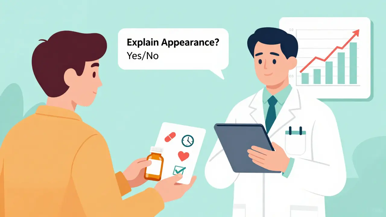 Pharmacist uses a tablet and icon card to quickly explain generic substitution during a busy pharmacy visit.