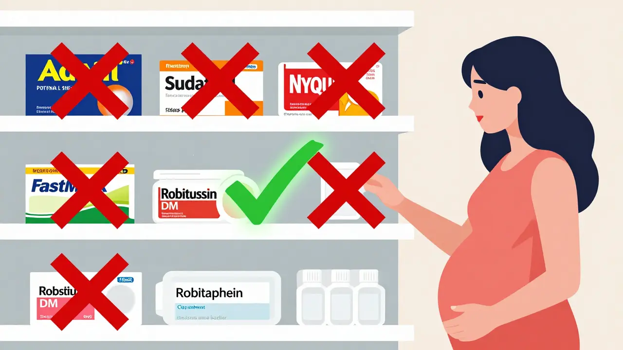 Pharmacy shelf with red Xs over unsafe cold medicines and a green checkmark over safe dextromethorphan.