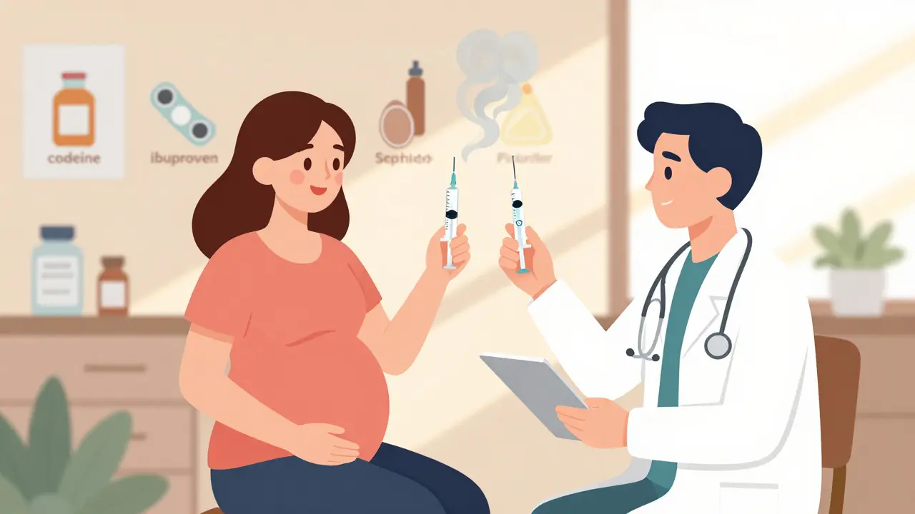 Pregnant woman receiving a flu shot from a provider, with unsafe substances fading away in the background.