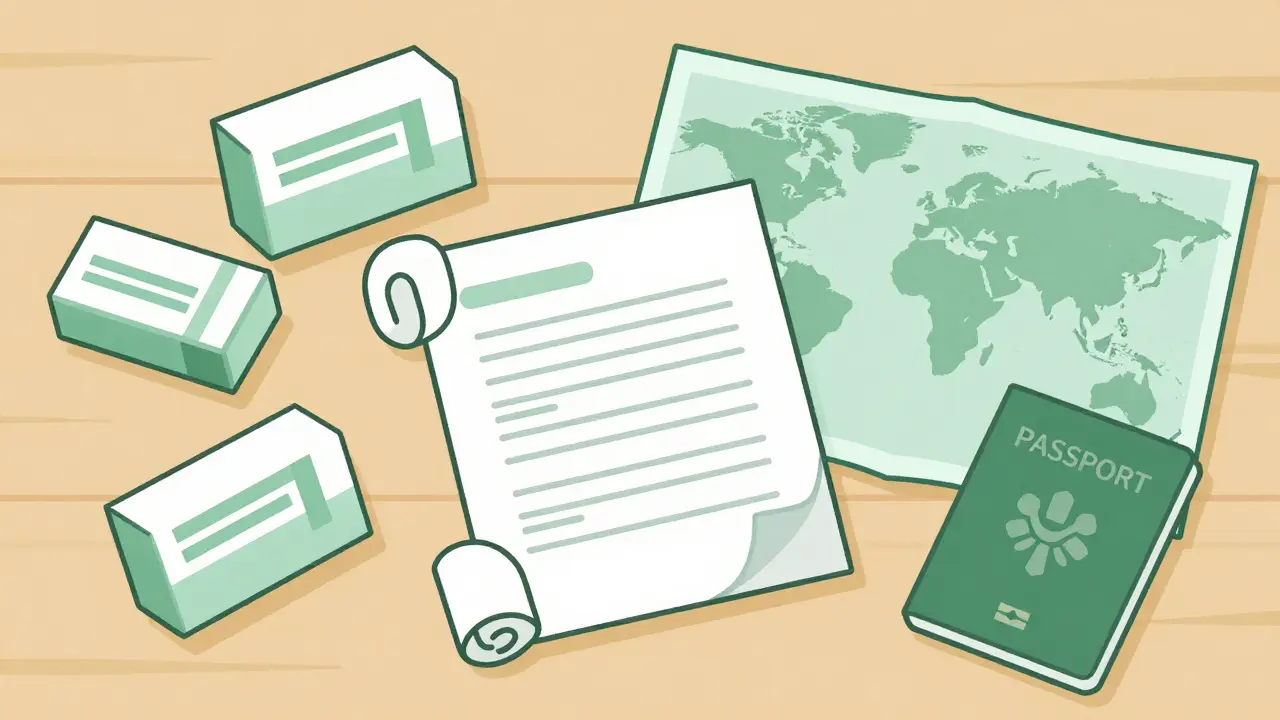 Top view of organized travel documents and prescription boxes on a desk.