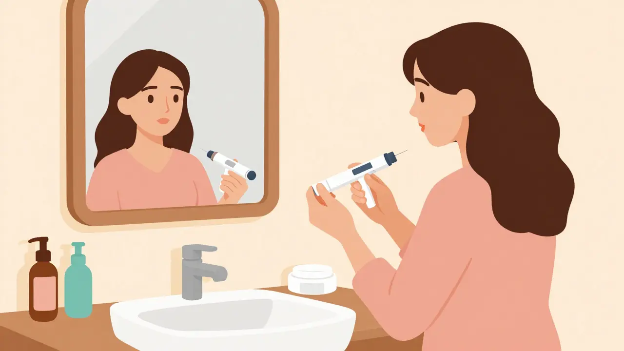 Woman preparing a medical injection pen in a home bathroom setting.