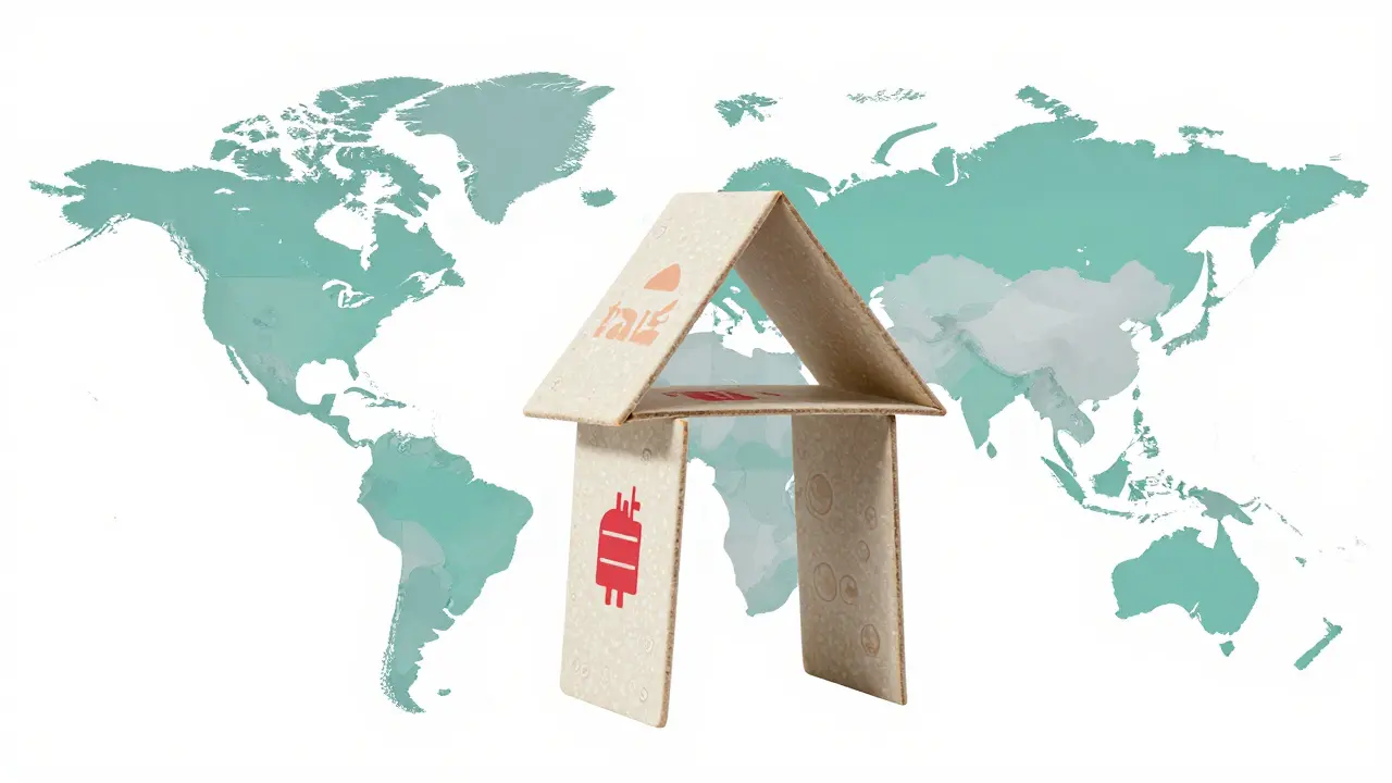 A house of cards made of factories resting on India and China