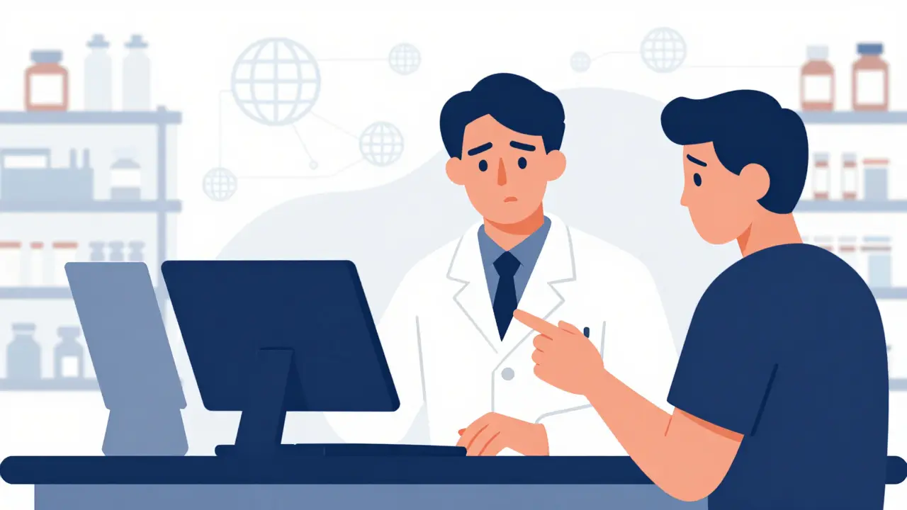 A patient talking to a pharmacist about their medication manufacturer in a clean, modern pharmacy.