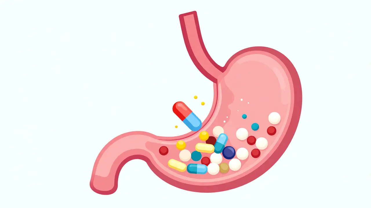 An illustration of a pill dissolving in the stomach showing different release speeds of ingredients.