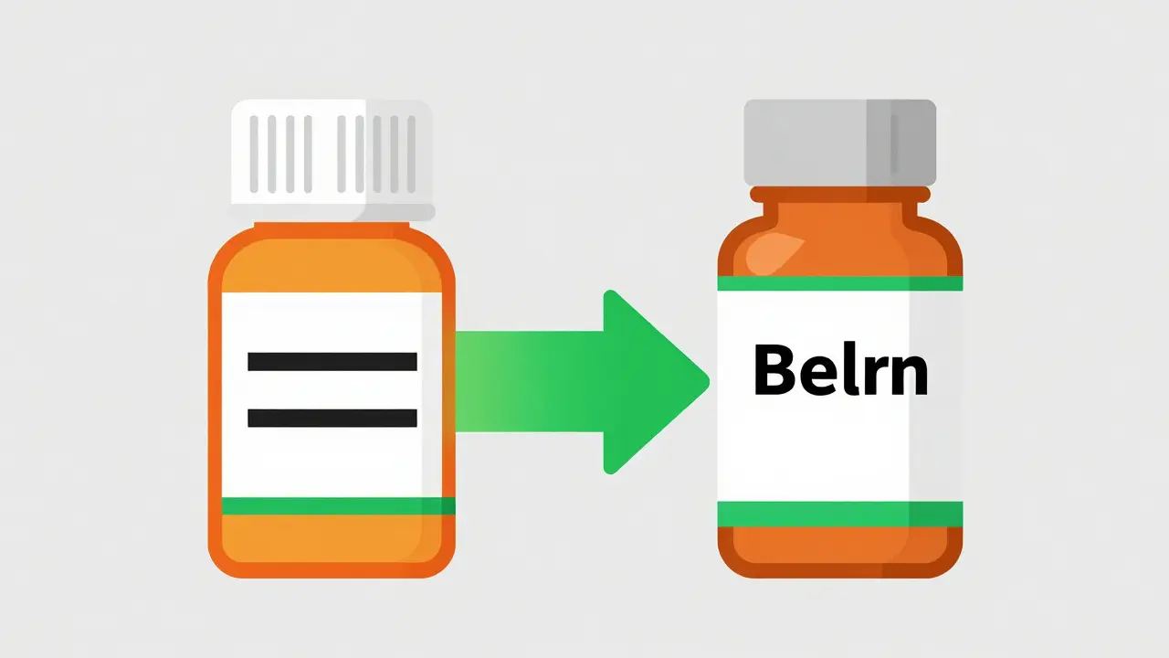 Comparison between brand name and generic medication bottles showing cost savings